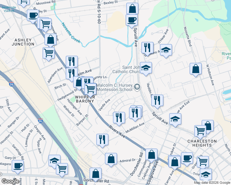 map of restaurants, bars, coffee shops, grocery stores, and more near 3897 Four Poles Park Drive in North Charleston