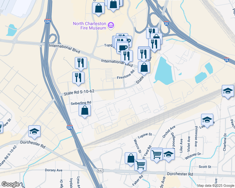 map of restaurants, bars, coffee shops, grocery stores, and more near 3229 W Montague Ave in North Charleston
