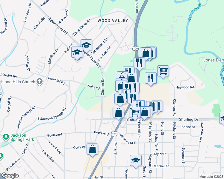 map of restaurants, bars, coffee shops, grocery stores, and more near 1605 Clinton Road in Macon