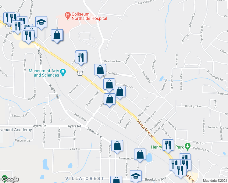 map of restaurants, bars, coffee shops, grocery stores, and more near 3846 Ridge Avenue in Macon