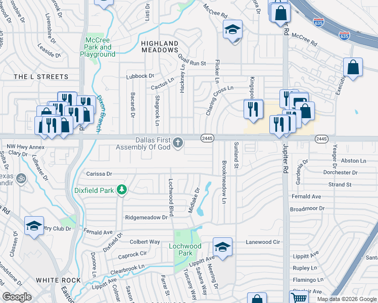 map of restaurants, bars, coffee shops, grocery stores, and more near 11031 East Northwest Parkway South in Dallas