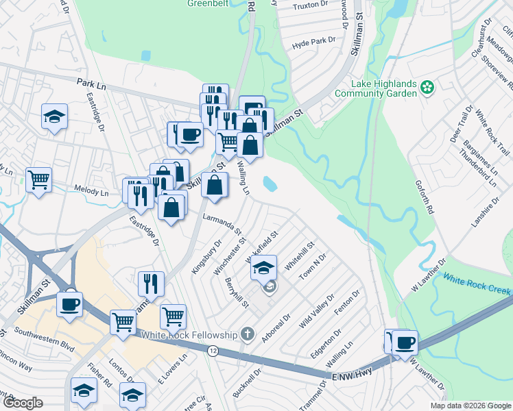 map of restaurants, bars, coffee shops, grocery stores, and more near 6928 Walling Lane in Dallas