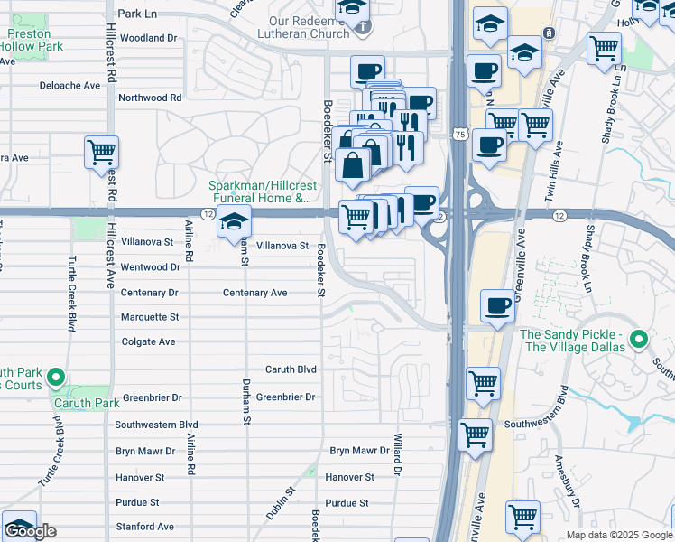 map of restaurants, bars, coffee shops, grocery stores, and more near 8306 Boedeker Drive in Dallas