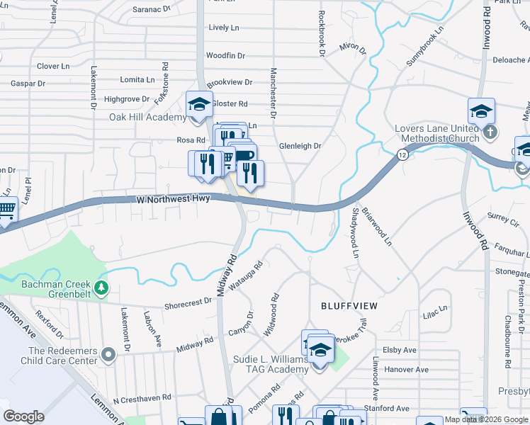 map of restaurants, bars, coffee shops, grocery stores, and more near 9 Bretton Woods Way in Dallas