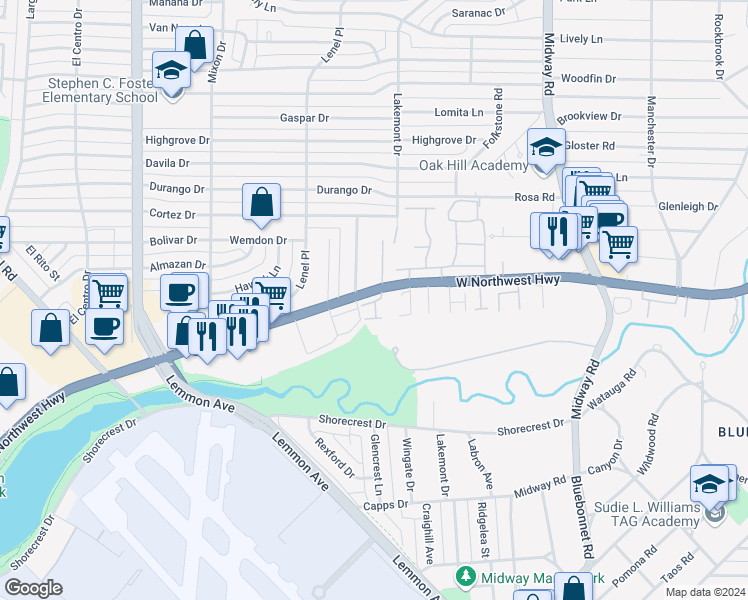 map of restaurants, bars, coffee shops, grocery stores, and more near 9403 Monteleon Court in Dallas