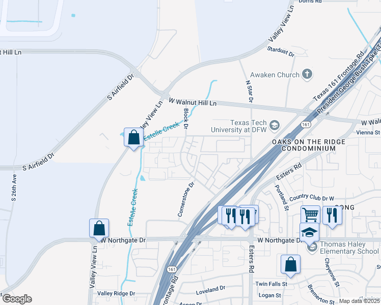 map of restaurants, bars, coffee shops, grocery stores, and more near 4016 Block Drive in Irving