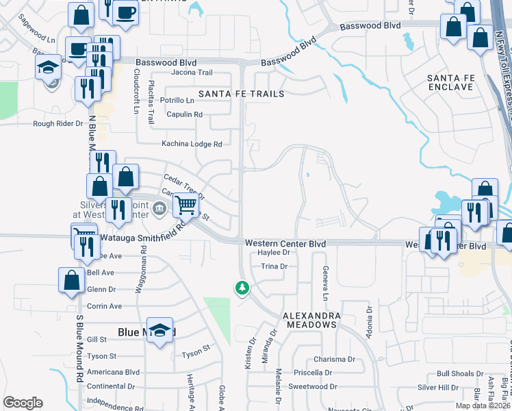 map of restaurants, bars, coffee shops, grocery stores, and more near Robert W Downing Road in Fort Worth