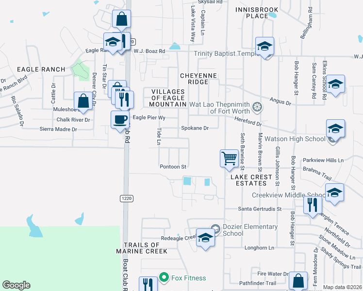 map of restaurants, bars, coffee shops, grocery stores, and more near 6333 Porthole Ln in Fort Worth