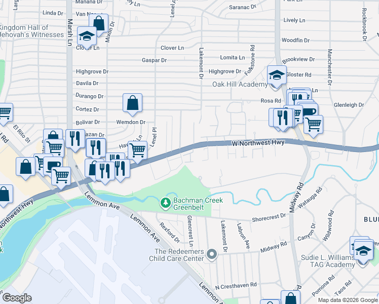 map of restaurants, bars, coffee shops, grocery stores, and more near 3959 Bowie Lane in Dallas
