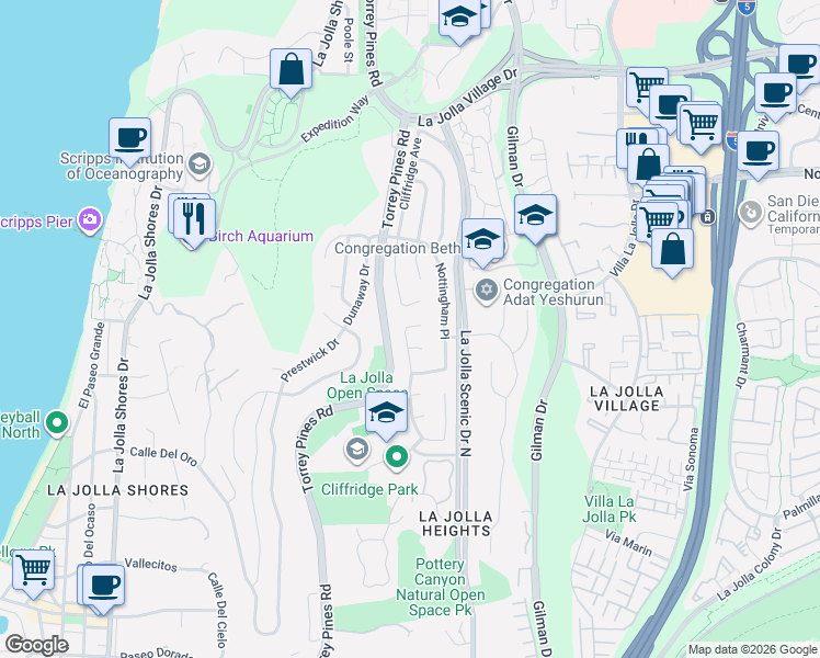 map of restaurants, bars, coffee shops, grocery stores, and more near 2890 Sugarman Court in San Diego