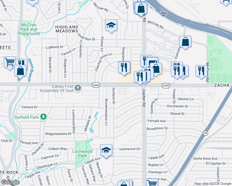 map of restaurants, bars, coffee shops, grocery stores, and more near 11218 Northwest Highway in Dallas