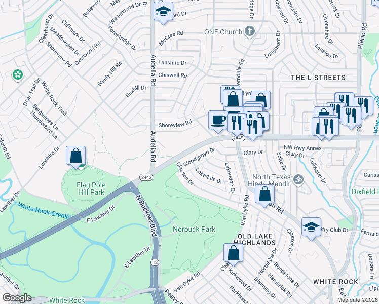 map of restaurants, bars, coffee shops, grocery stores, and more near East Northwest Highway in Dallas