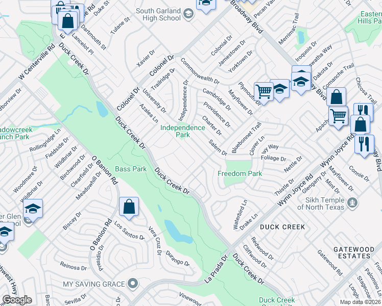 map of restaurants, bars, coffee shops, grocery stores, and more near 4282 Duck Creek Drive in Garland