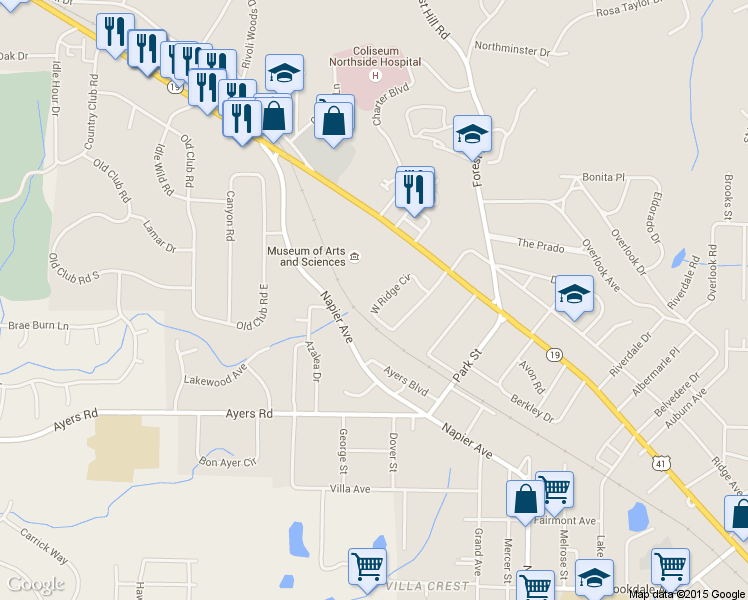 map of restaurants, bars, coffee shops, grocery stores, and more near 166 West Ridge Circle in Macon