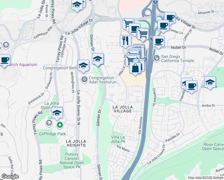 map of restaurants, bars, coffee shops, grocery stores, and more near 8525 Villa La Jolla Drive in San Diego