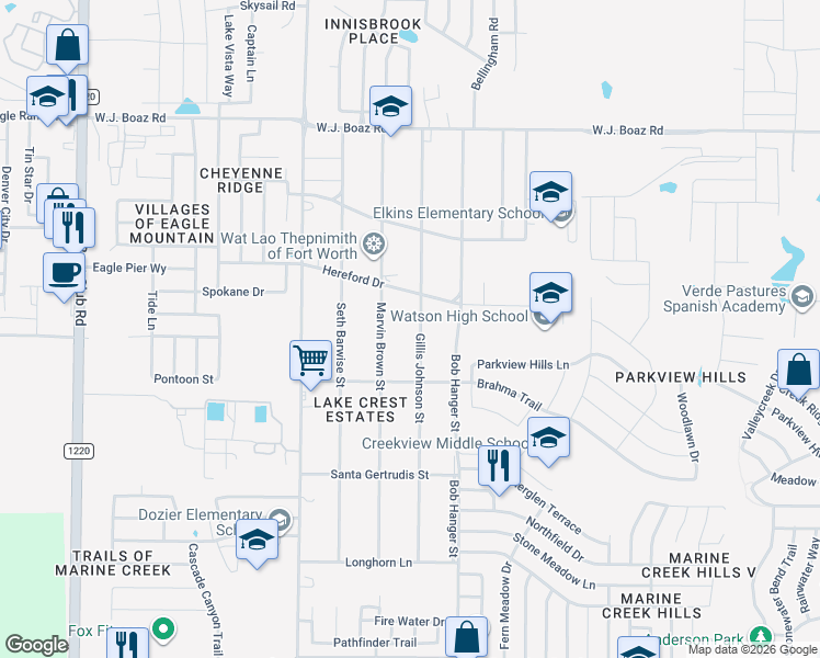 map of restaurants, bars, coffee shops, grocery stores, and more near 7009 Gillis Johnson Street in Fort Worth