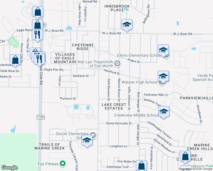 map of restaurants, bars, coffee shops, grocery stores, and more near 6925 Seth Barwise Street in Fort Worth
