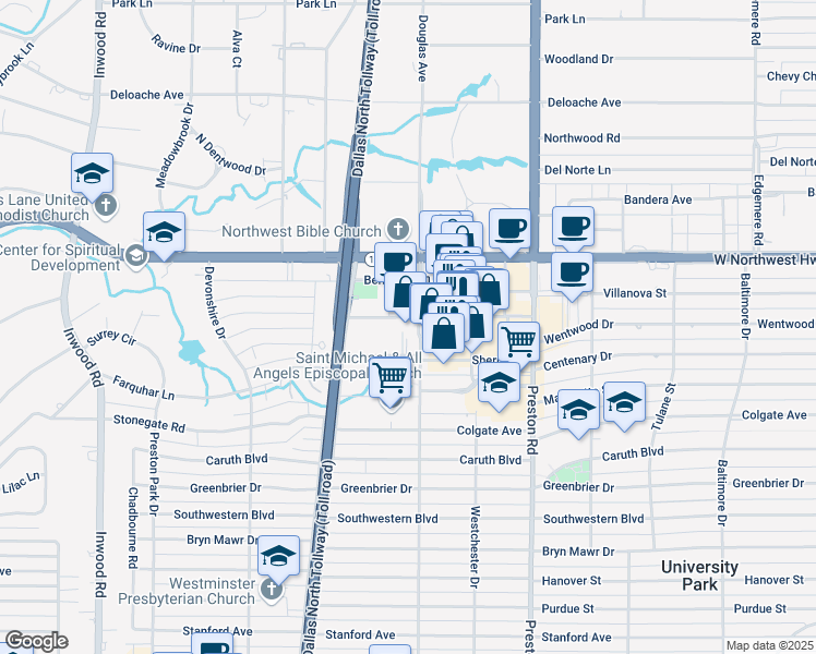 map of restaurants, bars, coffee shops, grocery stores, and more near 8226 Douglas Avenue in Dallas
