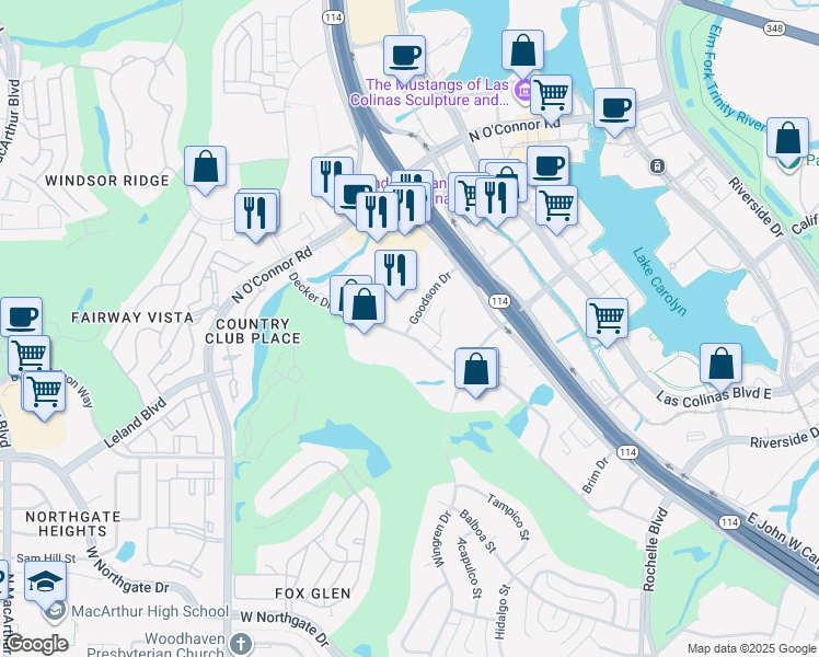 map of restaurants, bars, coffee shops, grocery stores, and more near 105 Decker Court in Irving