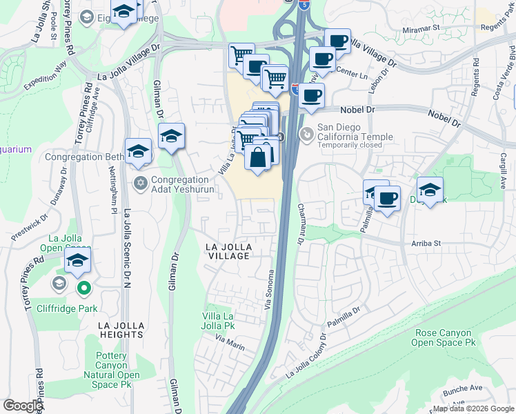 map of restaurants, bars, coffee shops, grocery stores, and more near 8623 Via Mallorca in San Diego