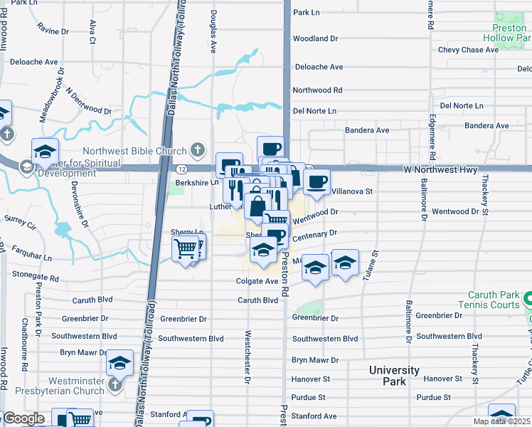 map of restaurants, bars, coffee shops, grocery stores, and more near 6126 Luther Lane in Dallas