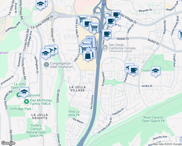 map of restaurants, bars, coffee shops, grocery stores, and more near 8619 Via Mallorca in San Diego