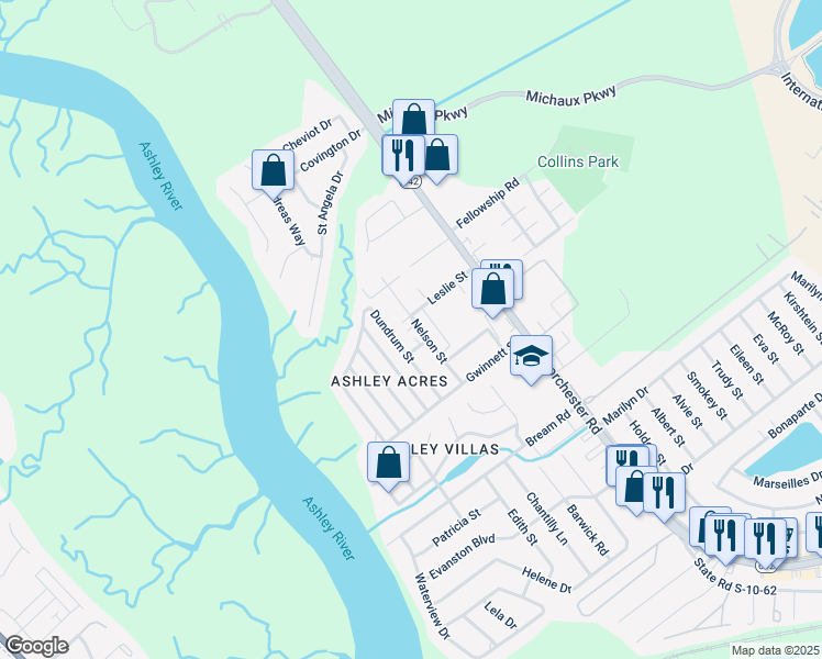 map of restaurants, bars, coffee shops, grocery stores, and more near 5691 Nelson Street in North Charleston
