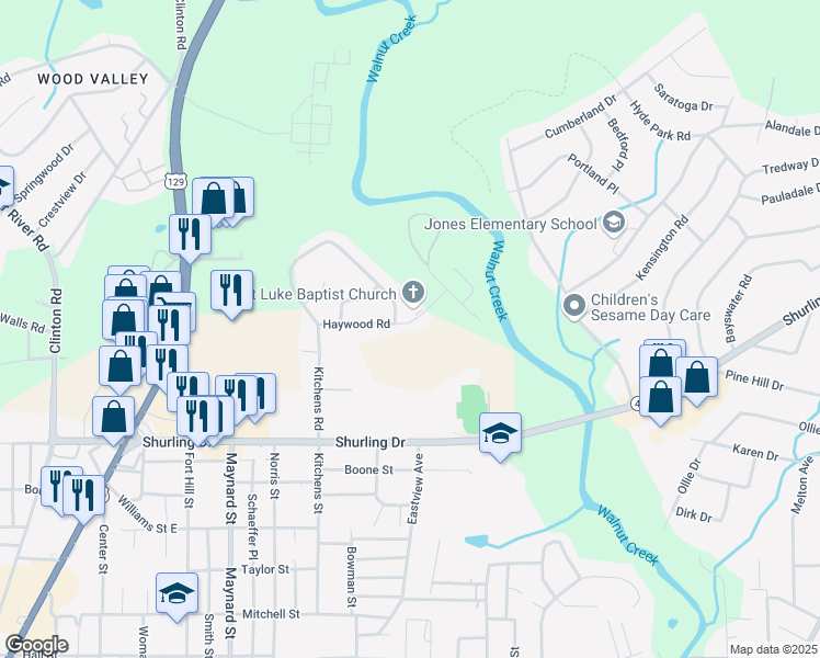 map of restaurants, bars, coffee shops, grocery stores, and more near 1179 Haywood Road in Macon