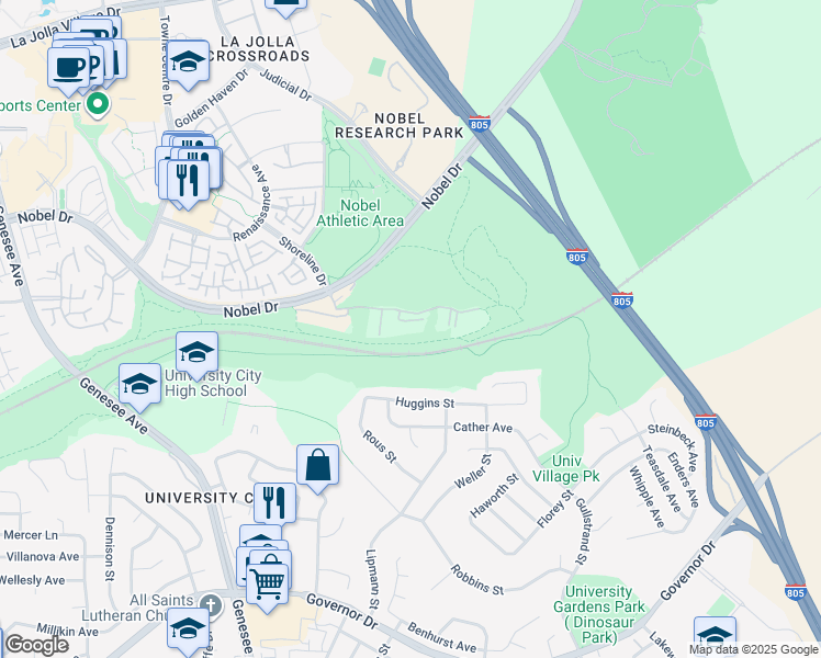 map of restaurants, bars, coffee shops, grocery stores, and more near 7180 Shoreline Drive in San Diego