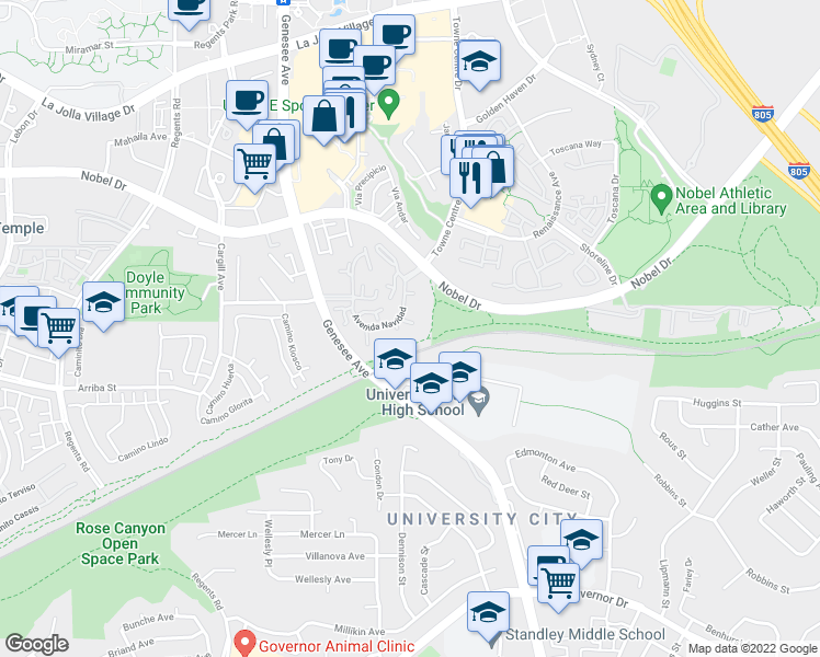 map of restaurants, bars, coffee shops, grocery stores, and more near 7924 Avenida Navidad in San Diego