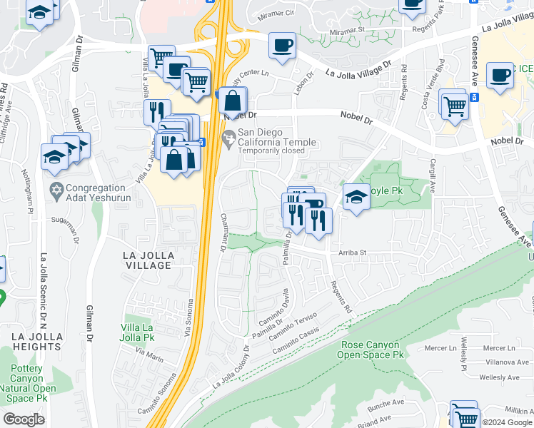 map of restaurants, bars, coffee shops, grocery stores, and more near 7642 Palmilla Drive in San Diego