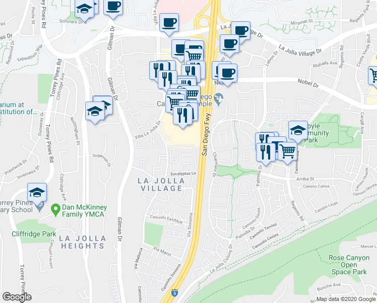 map of restaurants, bars, coffee shops, grocery stores, and more near 8615 Via Mallorca in San Diego
