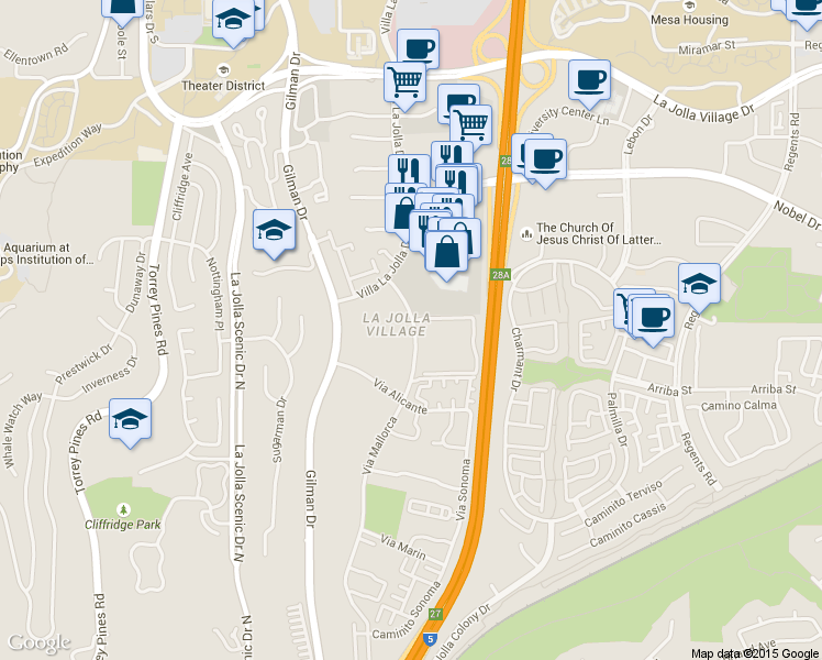map of restaurants, bars, coffee shops, grocery stores, and more near 8579 Via Mallorca in San Diego