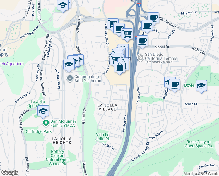 map of restaurants, bars, coffee shops, grocery stores, and more near 8650 Via Mallorca in San Diego