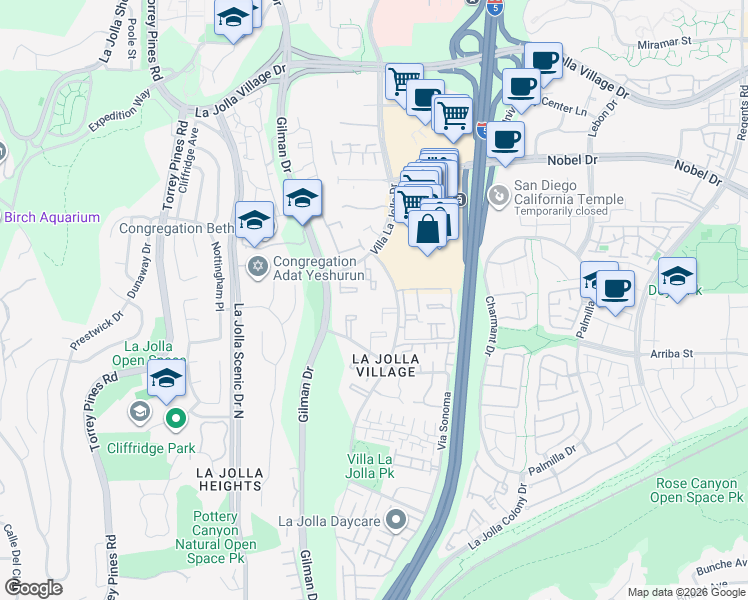 map of restaurants, bars, coffee shops, grocery stores, and more near 8650 Via Mallorca in San Diego