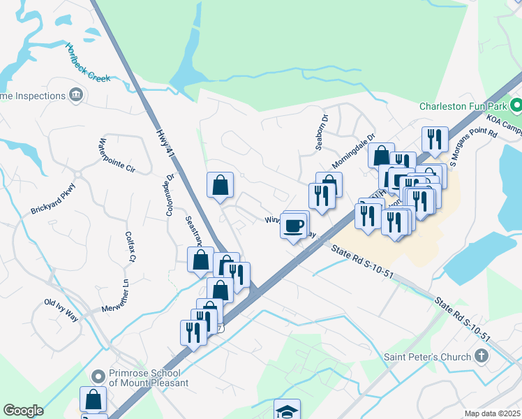 map of restaurants, bars, coffee shops, grocery stores, and more near 1240 Winnowing Way in Mount Pleasant