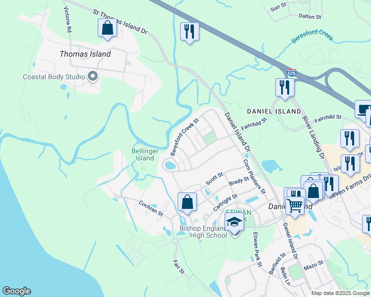 map of restaurants, bars, coffee shops, grocery stores, and more near 128 Bellinger Street in Charleston