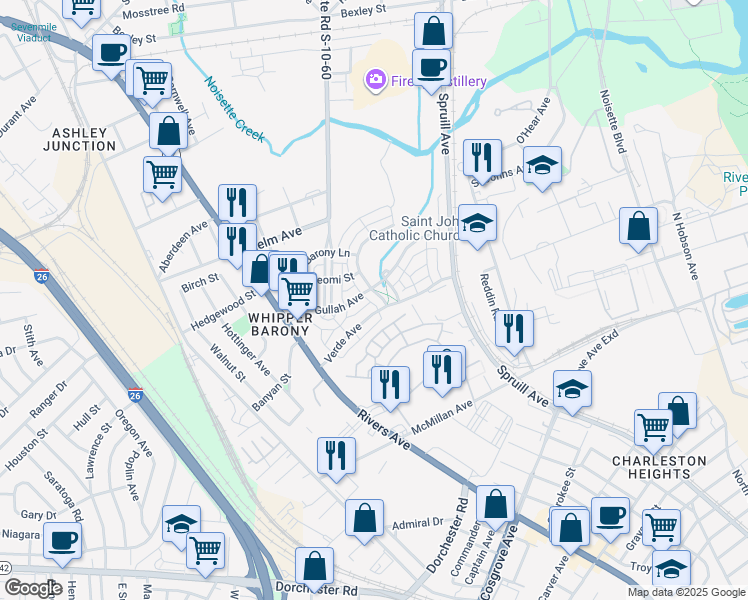 map of restaurants, bars, coffee shops, grocery stores, and more near 3897 Four Poles Park Drive in North Charleston
