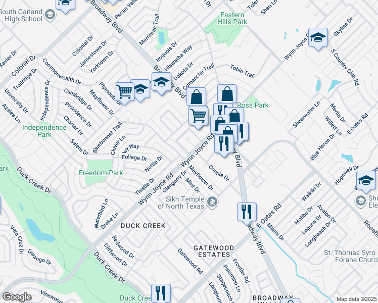 map of restaurants, bars, coffee shops, grocery stores, and more near 3933 Wyre Drive in Garland