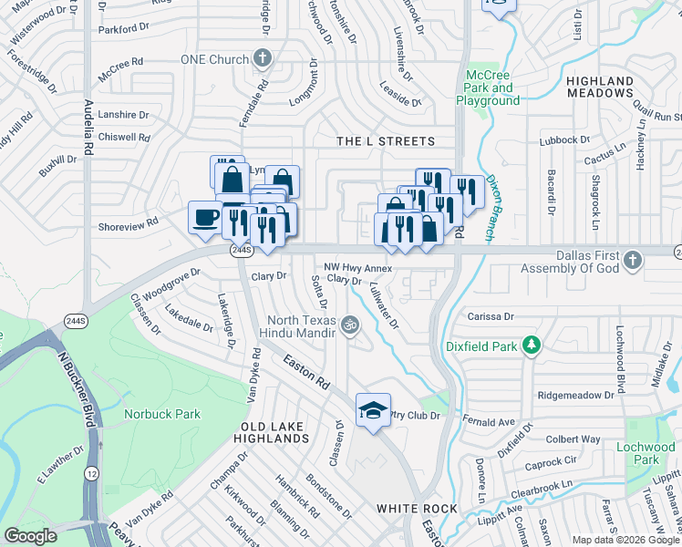 map of restaurants, bars, coffee shops, grocery stores, and more near 10421 Clary Drive in Dallas