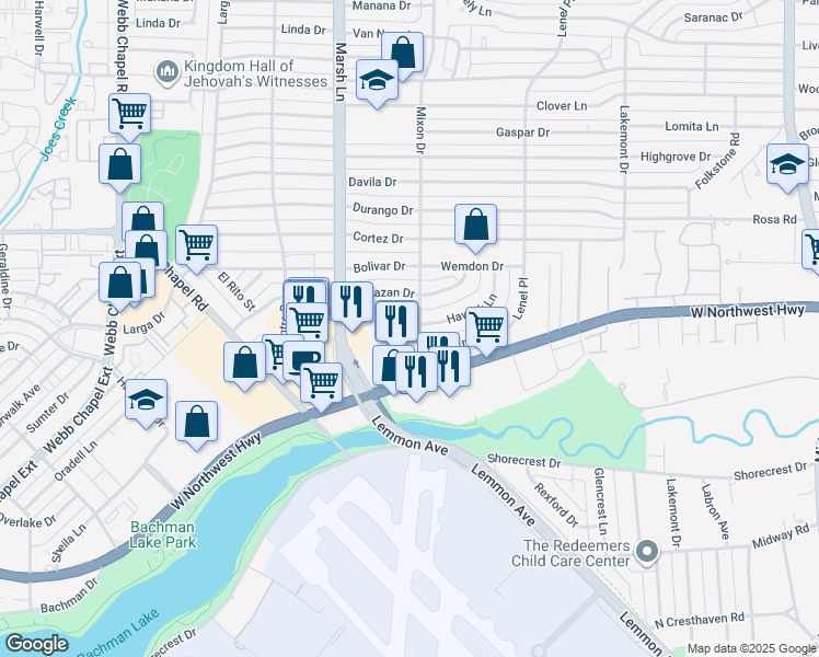 map of restaurants, bars, coffee shops, grocery stores, and more near 9403 Mixon Drive in Dallas