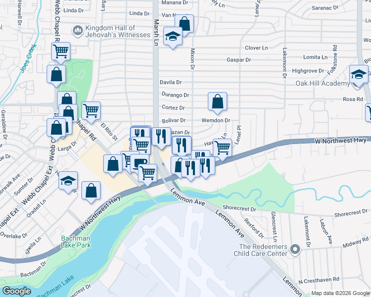 map of restaurants, bars, coffee shops, grocery stores, and more near 9403 Mixon Drive in Dallas