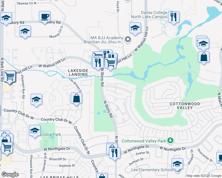 map of restaurants, bars, coffee shops, grocery stores, and more near 2174 Kimbrough Drive in Irving