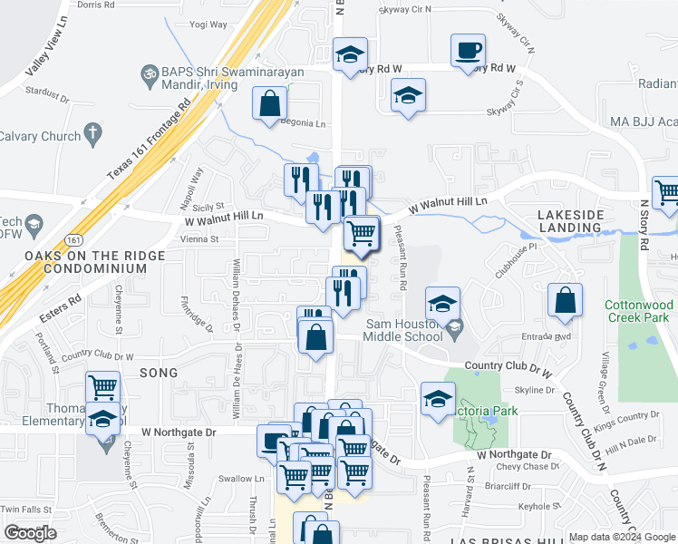 map of restaurants, bars, coffee shops, grocery stores, and more near 4070 North Belt Line Road in Irving