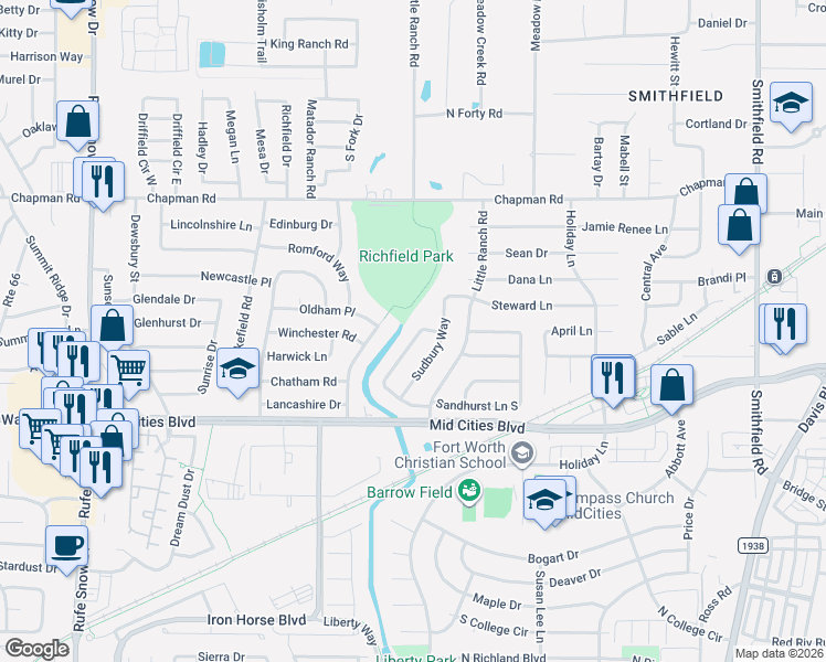 map of restaurants, bars, coffee shops, grocery stores, and more near 6421 Dorchester Trail in North Richland Hills
