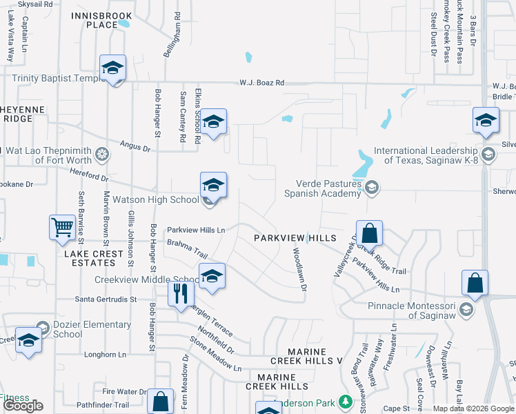 map of restaurants, bars, coffee shops, grocery stores, and more near 5524-5562 Parkview Hills Lane in Fort Worth