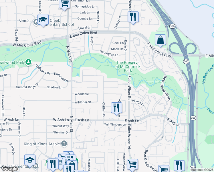 map of restaurants, bars, coffee shops, grocery stores, and more near 406 Fountain Side Drive in Euless