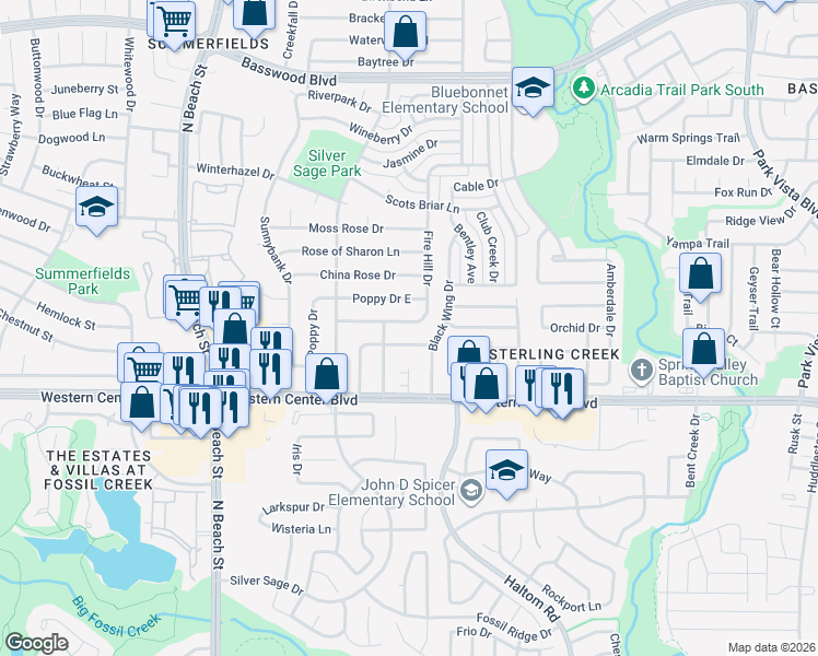map of restaurants, bars, coffee shops, grocery stores, and more near 6740 Fire Hill Drive in Fort Worth