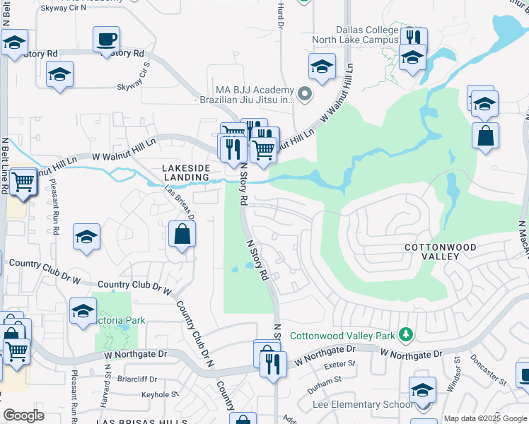 map of restaurants, bars, coffee shops, grocery stores, and more near 2174 Kimbrough Drive in Irving