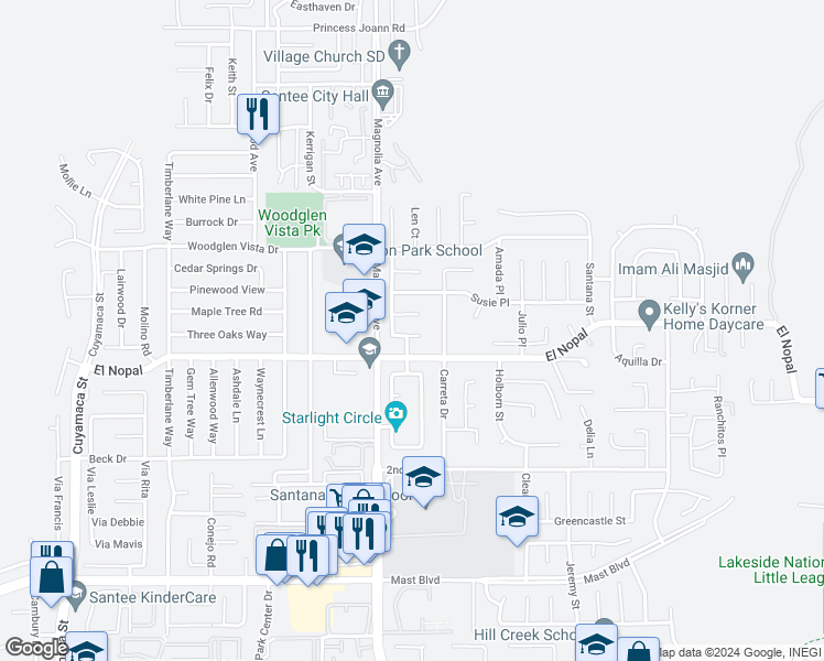 map of restaurants, bars, coffee shops, grocery stores, and more near 10510 Rappaport Place in Santee